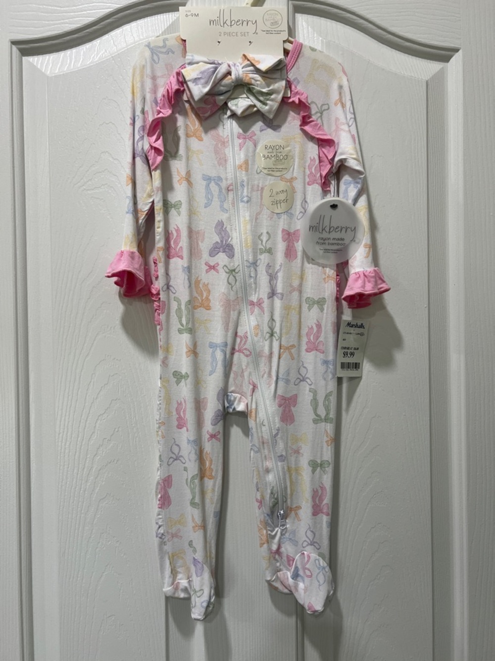 Milkberry Baby Girls White Bow-Print Footed One-Piece with Pink Trim